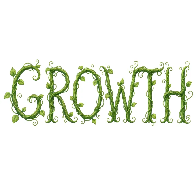 The word 'GROWTH' visualized using stylized plant vines organically forming the letters, green tones, white background, graphic design. - Grok Imagine 2.0