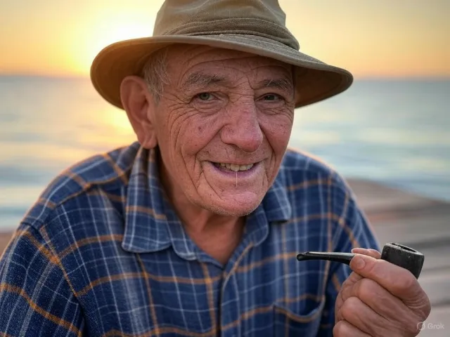 A 4K photo of an old fisherman with a weathered face and a pipe, grinning - XAI Grok 2 Image