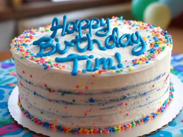 A birthday cake with icing that spells "Happy Birthday Tim!" on top, food photography… - XAI Grok 2 Image