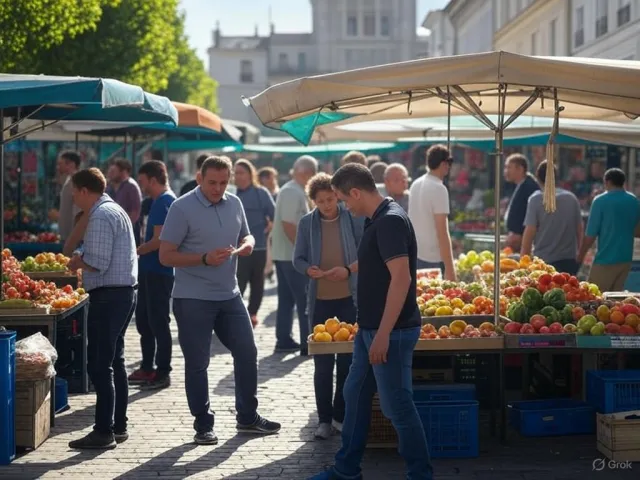 A bustling market scene with dozens of people buying and selling goods - XAI Grok 2 Image
