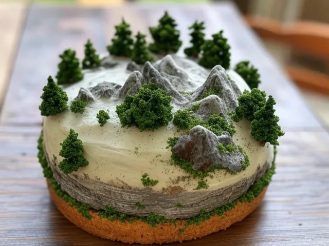 A dessert cake that looks like a tiny planet, complete with miniature trees and… - XAI Grok 2 Image