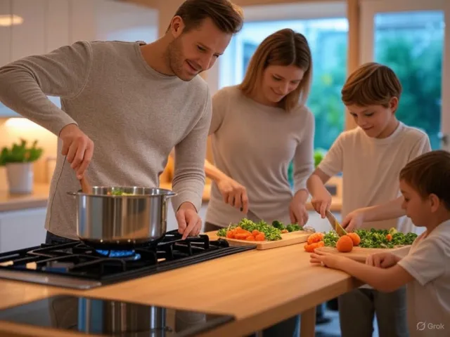 A family cooking together in a kitchen, each person busy with a different task - XAI Grok 2 Image