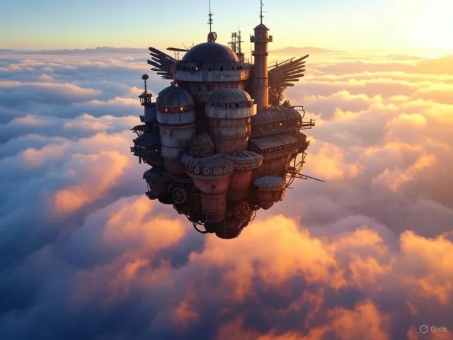 A flying castle floating in clouds at sunrise. Match the visual aesthetic of 'Howl's… - XAI Grok 2 Image