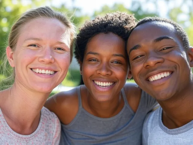 A group selfie of three friends of different ethnic backgrounds smiling at the camera - XAI Grok 2 Image