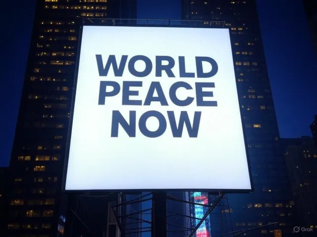 A large storefront billboard at Times Square displaying the slogan “WORLD PEACE NOW” in… - XAI Grok 2 Image