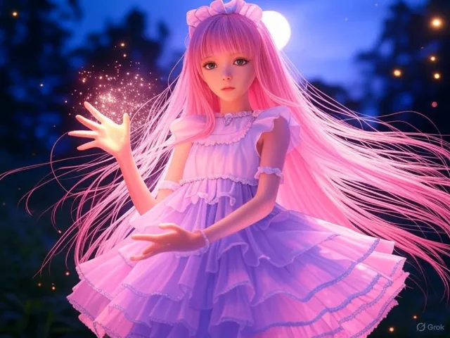 A magical girl character in a frilly dress, casting a spell (classic anime trope). - Grok 2 Image