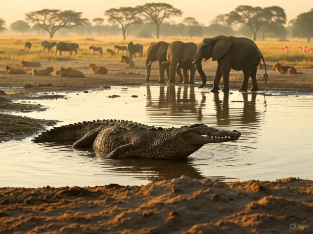 A misty dawn at an African savanna watering hole where elephants, lions, and zebras… - XAI Grok 2 Image