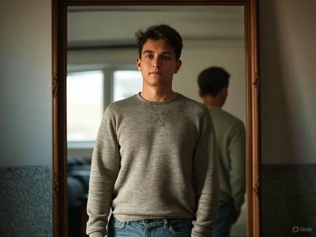 A person standing before a mirror, with their front and reflected back both visible - XAI Grok 2 Image