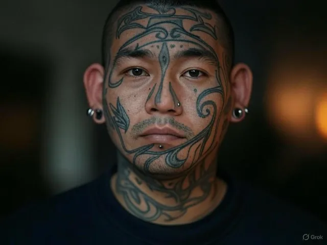 A portrait of a person with elaborate facial tattoos and piercings, shown in sharp detail - XAI Grok 2 Image
