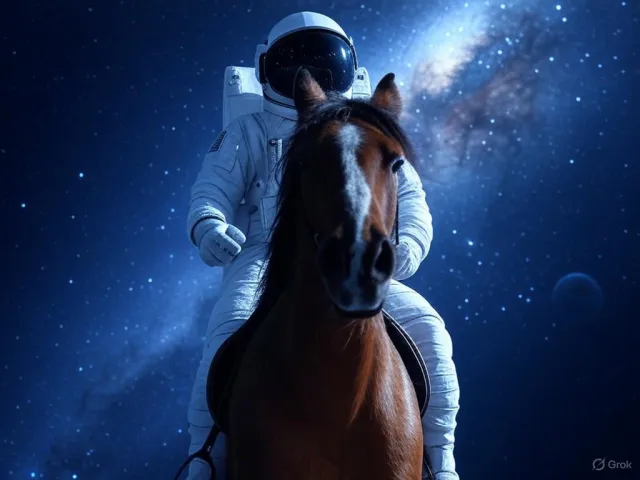 A realistic astronaut being ridden by a horse, photorealistic depiction in outer space… - XAI Grok 2 Image