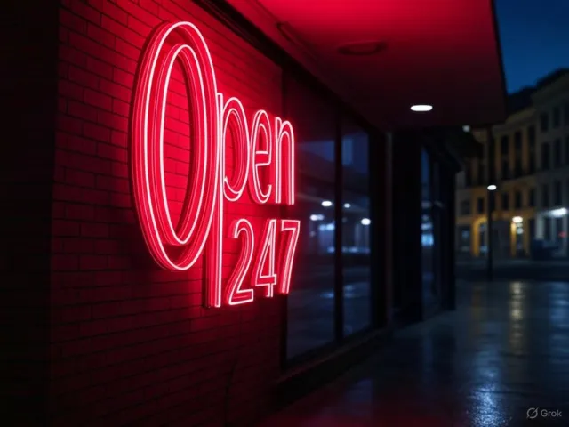 A storefront sign that says "Open 24/7" in neon lights, nighttime urban photography - XAI Grok 2 Image