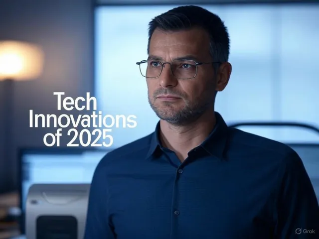 A technology magazine cover featuring the headline "Tech Innovations of 2025," clean… - XAI Grok 2 Image