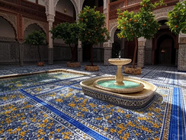A traditional Moroccan riad courtyard with detailed zellige tilework, flowing fountain… - XAI Grok 2 Image