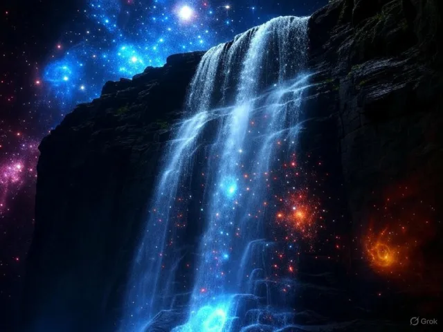 A waterfall that pours out stars and galaxies instead of water, illustrated in a cosmic… - XAI Grok 2 Image