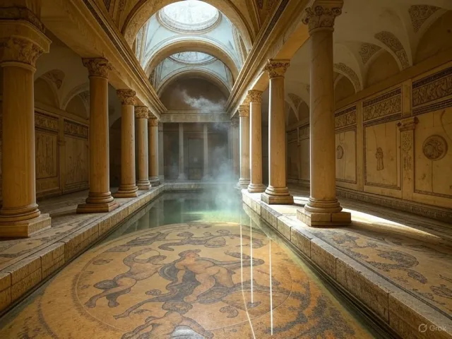 An ancient Roman bathhouse interior with accurate architectural details - marble columns… - XAI Grok 2 Image