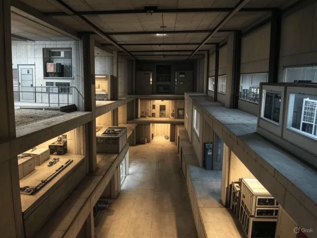 Cross-section rendering of a multi-level underground bunker with different functional… - XAI Grok 2 Image
