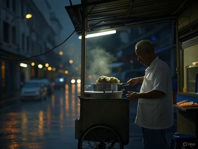 Rain-slicked Singapore street, 3 AM. A lone elderly hawker cleans his cart under one… - XAI Grok 2 Image