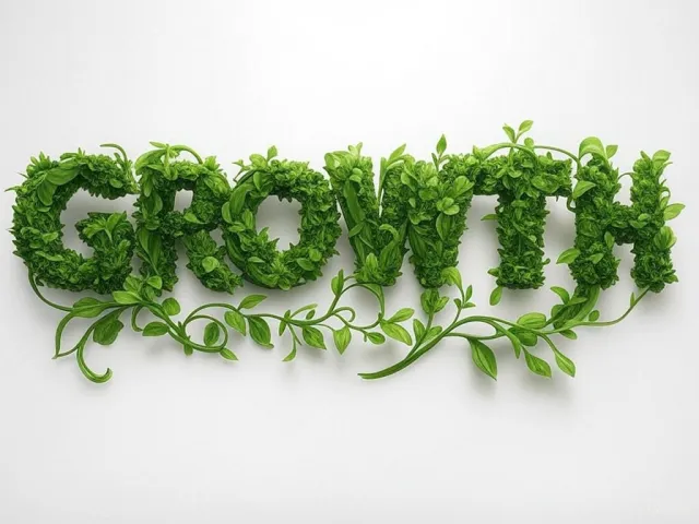 The word 'GROWTH' visualized using stylized plant vines organically forming the letters, green tones, white background, graphic design. - Grok 2 Image